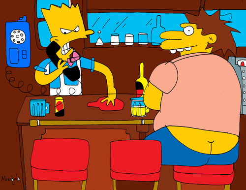 Cartoon: Bart Tender at Bar Simpson (medium) by Munguia tagged bart,simpson,parody,moe,sislack,barney,bar,bartender,phone,joke