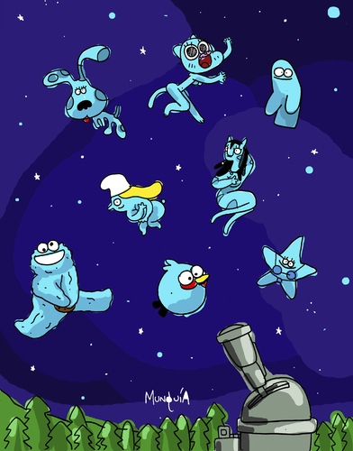 Cartoon: Blue heavenly bodies (medium) by Munguia tagged pitufina,angry,mounster,eater,cookie,sky,planets,girl,avatar,mother,gumball,smurfette,blue,stars,bird