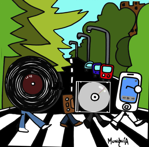 Cartoon: Music steps (medium) by Munguia tagged lp,long,play,vinyl,casette,compac,disc,cd,mp3,iphone,phone,smartphone,beatles,abbey,road,cover,album,parodies