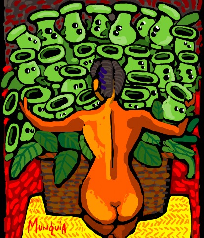 Cartoon: Peashooters (medium) by Munguia tagged diego,rivera,nude,with,calla,lilies,calas,desnudo,naked,girl,woman,plants,vs,zombies,famous,paintings,parodies