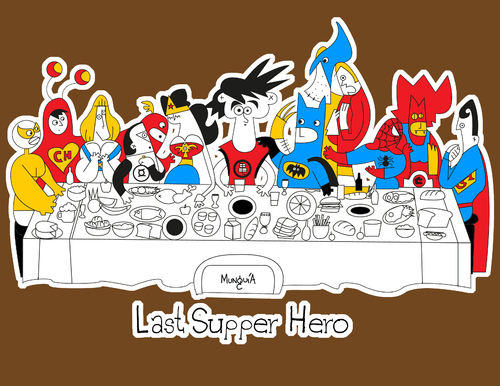 Cartoon: the Last supper Hero (medium) by Munguia tagged last,supper,super,hero,batman,superman,goku,dragon,ball,flash,wonder,woman,men,thunder,cat,spiderman,wolverine,he,man,green,lentern