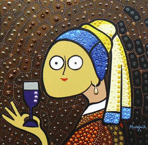 Cartoon: toasting (medium) by Munguia tagged johannes,vermeer,girl,with,pearl,earring,joven,con,arete,de,perlas,wine,toast,brindis,vino