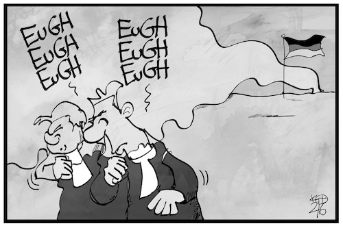 Cartoon: EuGH-Urteil (medium) by Kostas Koufogiorgos tagged karikatur,koufogiorgos,illustration,cartoon,eugh,richter,urteil,nox,stickoxid,deutschland,luft,verschmutzung,karikatur,koufogiorgos,illustration,cartoon,eugh,richter,urteil,nox,stickoxid,deutschland,luft,verschmutzung