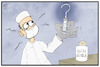 Cartoon: AstraZeneca (small) by Kostas Koufogiorgos tagged karikatur,koufogiorgos,illustration,cartoon,astrazeneca,impfstoff,corona,pandemie,beratung,fragezeichen,spritze,arzt,thrombose,nebenwirkungen,gesundheit