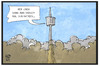 Cartoon: Luftverschmutzung (small) by Kostas Koufogiorgos tagged karikatur,koufogiorgos,illustration,cartoon,stuttgart,feinstaub,alarm,umwelt,verschmutzung,fernsehturm,luft,oben,atmen,höhe,bauwerk,architektur