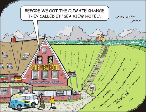 Cartoon: Climate change (medium) by JotKa tagged leisure,travel,vacation,holiday,sun,sea,sand,beach,coast,hotel,profit,think,climate,change,level,rise,dikes,flooding,floods,global,warming,co2,emissions,future