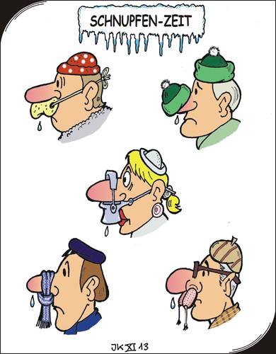 Cartoon: Schnupfenzeit - Cold season (medium) by JotKa tagged schnupfen,erkältung,niesen,husten,heiserkeit,doktor,medizin,apotheke,regen,wind,schnee,frost,kälte,herbst,winter,rhinitis,common,cold,sneezing,cough,hoarseness,doctor,medicine,pharmacy,rain,snow,autumn