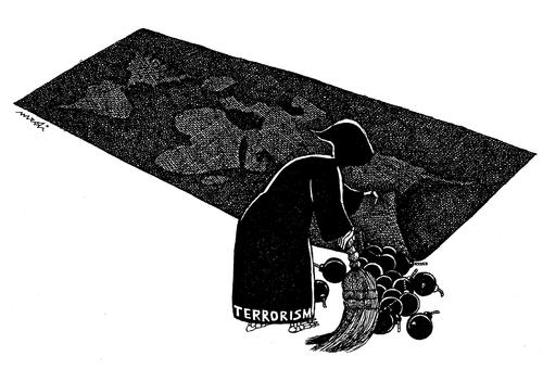 Cartoon: under carpet (medium) by Medi Belortaja tagged bombs,terrorism,terror,carpet,under,death,cleaner