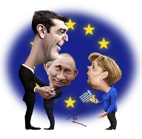 Cartoon: aleksis tsipras (medium) by besikdug tagged dugashvili,besik,besikdug,merkel,angela,putin,vladimer,tsipras,aleksis