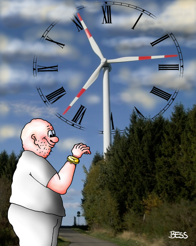 Cartoon: durch den Wind (medium) by besscartoon tagged windrad,energie,windkraft,energiewende,mann,uhr,uhrzeit,bess,besscartoon