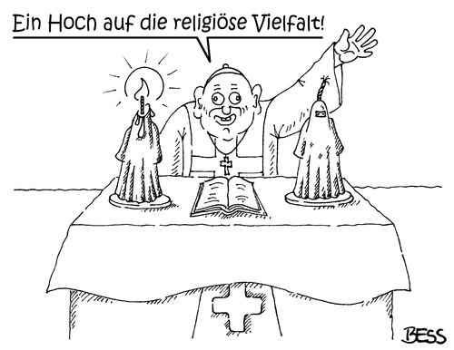 Cartoon: ein Hoch... (medium) by besscartoon tagged besscartoon,bess,kirche,kerze,katholisch,frauen,vielfalt,religiöse,muslime,christentum,religion,pfarreer,burka,islam
