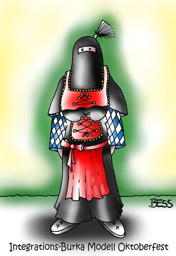 Cartoon: Integrations-Burka (medium) by besscartoon tagged frau,burka,islam,integration,flüchtlinge,dirndl,religion,oktoberfest,bess,besscartoon