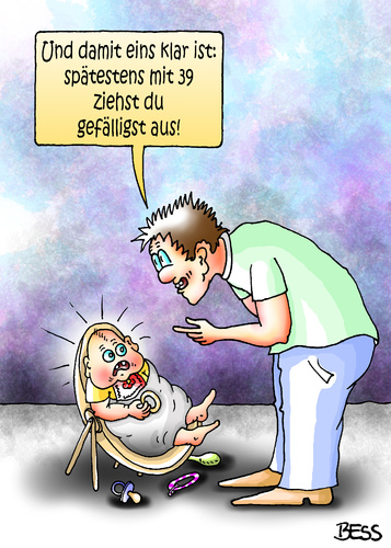 Cartoon: Klartext (medium) by besscartoon tagged mann,kind,vater,sohn,wohnen,ausziehen,säugling,nesthocker,bess,besscartoon