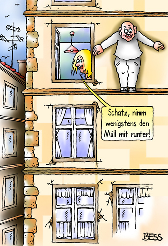 Cartoon: Müllentsorgung (medium) by besscartoon tagged besscartoon,bess,haus,suizid,müll,beziehung,frau,mann,paar,schatz