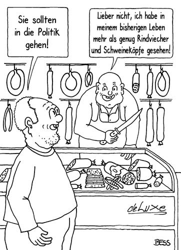 Cartoon: Rindviecher und Schweineköpfe (medium) by besscartoon tagged männer,mezger,fleischer,wurst,parteien,politik,schweineköpfe,rindviecher,bess,besscartoon