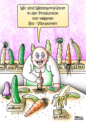 Cartoon: vegane Bio-Vibratoren (medium) by besscartoon tagged karotte,banane,gurke,weltmarktführer,bio,vibratoren,vegan,sexualität,bess,besscartoon