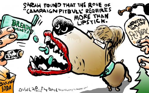 Cartoon: Not easy being mean (medium) by Dunlap-Shohl tagged palin,pitbull,vp,campaign,2008