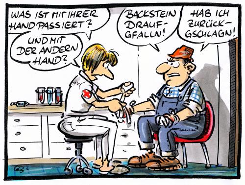 Cartoon: ... (medium) by GB tagged krankheit,arzt,doc,accident,klinik,verletzung,unfall,arbeit,work,arbeitsunfall,unfall,arbeiter,angestellter,arzt,patient,doktor,praxis,verband,verletzung,backstein,stein,untersuchung,behandlung,bauarbeiter,handwerker,impulsiv,rache,reue,berufsgenossenschaft,sicherheit am arbeitsplatz,arbeitsschutz,arbeitsschutzgesetz,baustellenunfall,baustelle,impuls,affekt,ärger,dummheit,rente,berufsunfähigkeit,erste hilfe,maurer,handwerk,leiharbeit,mindestlohn,bau,ig bau,gewerkschaft,gesundheitswesen,praxisgebühr,gesundheitsreform,unfallversicherung,berufsunfähigkeitsversicherung,rentenversicherung,schwarzarbeit,sicherheit,am,arbeitsplatz,erste,hilfe,ig