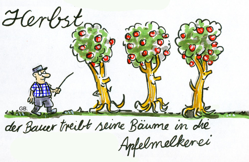 Cartoon: Apfelernte (medium) by GB tagged landwirt,bauer,baum,natur,bio,essen,lebensmittel,apple,fruit,obst,frucht,apfel,apfel,frucht,obst,lebensmittel,essen,bio,natur,baum,bauer,landwirt,landwirtschaft,herbst