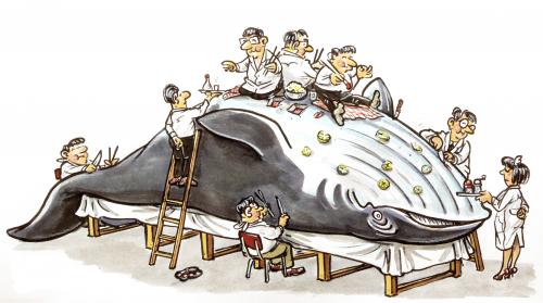 Cartoon: japanese whale research (medium) by GB tagged nahrung,tiere,food,scientist,animals,walfang,forschung,wal,japan,walfang,fische,fisch,säugetiere,fischfang,tod,leben,sterben,aussterben,tierarten,wale,wal,nahrung,essen,lebensmittel,tierart,bedroht,säugetier,forschung,wissenschaft,wissenschaftler,tiere,experiment,kultur,tier,fleischesser,veganer,tierversuche,tierschutz,überflussgesellschaft,konsumgesellschaft,konsumverzicht,natur,naturschutz,fauna,kiemenatmer,lungenatmer,sushi,japanische küche,sushirestaurant,japanische,küche