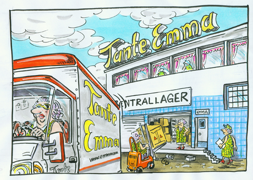 Cartoon: Tante Emma (medium) by GB tagged transport,fachgeschäft,ware,auslieferung,lager,verkäuferin,emma,tante,lebensmittel,laden,kleingewerbe,händler,einzelhandel,geschäft,konzern,konzern,geschäft,einzelhandel,händler,kleingewerbe,laden,lebensmittel,tante,emma,verkäuferin,lager,auslieferung,ware,fachgeschäft,handel,verkauf,shop,einkaufen