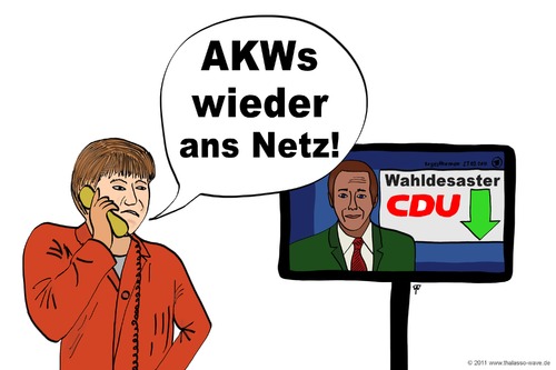 Cartoon: Merkels Konsequenz (medium) by thalasso tagged merkel,moratorium,laufzeitverlängerung,akw,atomkraft,kernenergie,kernkraftwerk,wahl,desaster,cdu,wahlschlappe