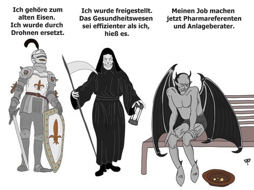 Cartoon: Ritter Tod und Teufel (medium) by thalasso tagged krise,freistellung,arbeitslosigkeit,job,teufel,tod,ritter,dürer