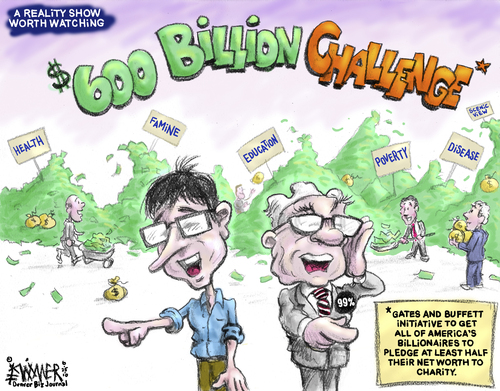 Cartoon: 600 billion dollar Pledge (medium) by karlwimer tagged buffett,gates,us,usa,economy,money,giving,charity,philanthropy,billionaires