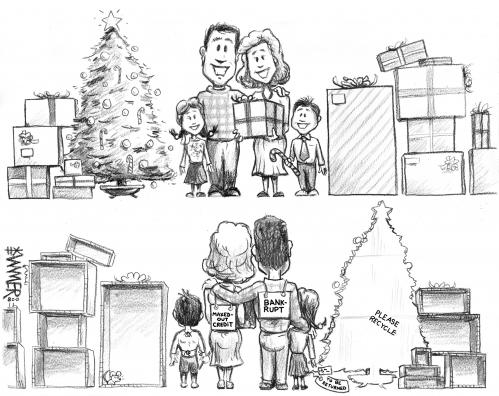 Cartoon: A Potemkin Christmas (medium) by karlwimer tagged potemkin,christmas,tree,presents,economy,credit,bankruptcy,recession
