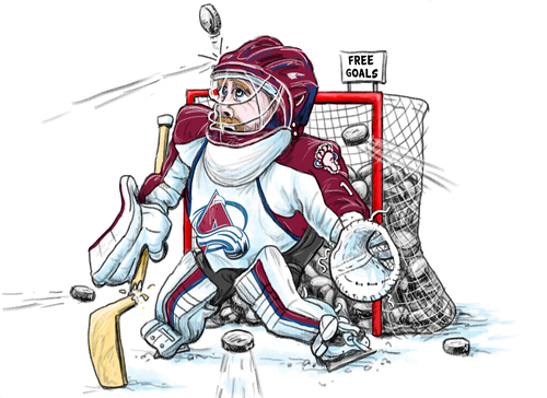 Cartoon: Avalanche Season Woes (medium) by karlwimer tagged hockey,avalanche,colorado,avs,winter,sports,goalie,goal,pucks