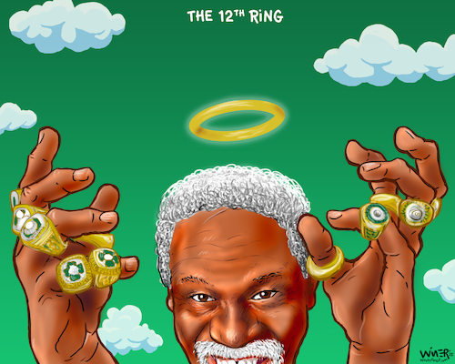 Cartoon: Bill Russells 12th Ring (medium) by karlwimer tagged sports,cartoon,nba,boston,celtics,bill,russell,championships,memorial,11