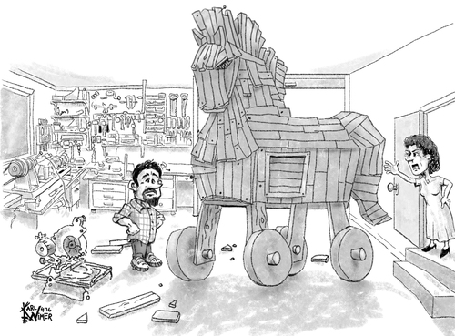 Cartoon: Caption Contest Trojan Horse (medium) by karlwimer tagged bowtie,trojan,horse,contest,woodworking,shop,garage,wood