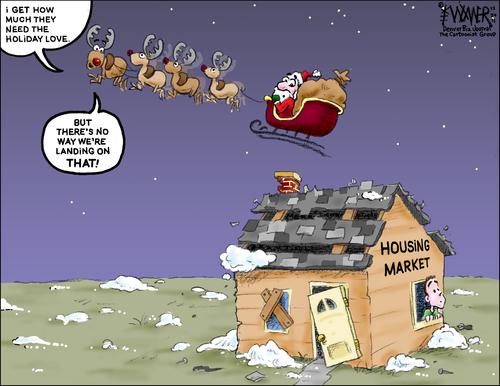 Cartoon: Christmas Housing Flyover (medium) by karlwimer tagged santa,business,flyover,christmas,housing,roof,usa