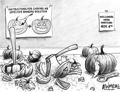 Cartoon: Economy Carving (medium) by karlwimer tagged us,economy,banking,crisis,pumpkin,carving,global,amateurs
