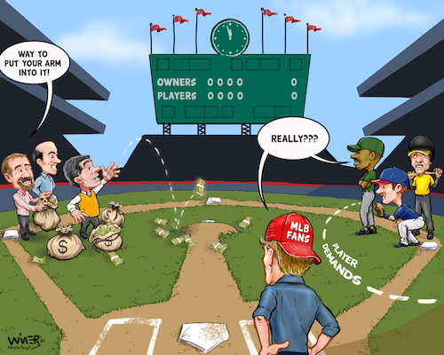 Cartoon: Half Assed MLB Negotiations (medium) by karlwimer tagged sports,cartoon,karl,wimer,major,league,baseball,usa,mlb,negotiations,business,salaries,cba,lockout
