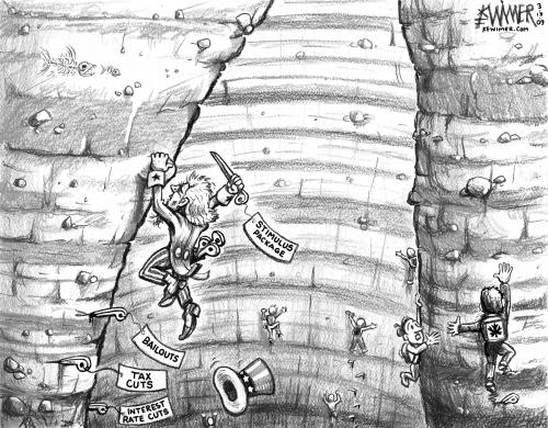 Cartoon: Rock-cession Climb (medium) by karlwimer tagged recession,depression,rockclimbing,climbing,uncle,sam,piton,united,states,economy,global,tax,stimulus,interest,rate,bailout