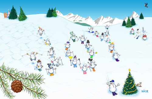 Cartoon: Snowman Ski Christmas (medium) by karlwimer tagged snowman,snowmen,skiing,snowboarding,christmas,card,season,holiday,fun,cartoon