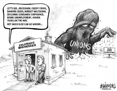 Cartoon: Unions 09 (medium) by karlwimer tagged unions,recession,banking,crisis,market,meltdown,enemployment,taxes,colorado,business