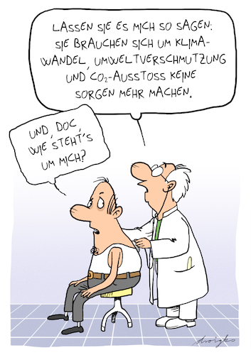 Cartoon: sorgenfrei (medium) by droigks tagged klimawandel,umweltverschmutzung,co2,ausstoss,arztbesuch,patient,auskunft,diagnose,krankheit,verbleibende,lebenszeit,droigks,prognose,medizin,facharzt,klimawandel,umweltverschmutzung,co2,ausstoss,arztbesuch,patient,auskunft,diagnose,krankheit,verbleibende,lebenszeit,droigks,prognose,medizin,facharzt