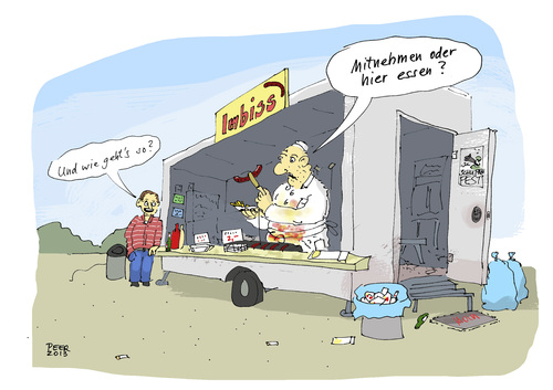 Cartoon: Zu Gast in Ostwestfalen (medium) by darkplanet tagged fressen,pause,trinken,essen,unfreundlich,friteuse,gast,bratwurst,frites,pommes,ostwestfalen