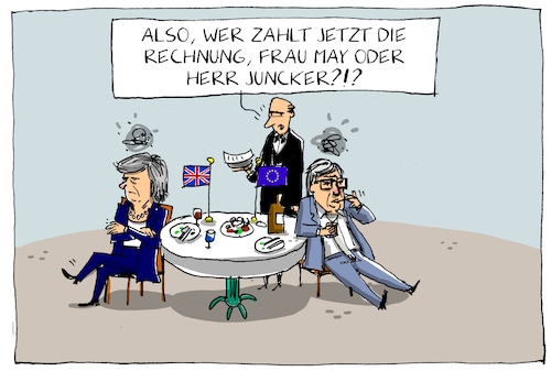 Cartoon: abendessen may juncker (medium) by leopold maurer tagged may,juncker,brexit,abendessen,verhandlungen,starre,positionen,verhandlungsergebnis,rechnung,offene,zahlungen,uneinigkeit,verhaertet,eu,grossbritannien,komission,praesident,premierministerin,may,juncker,brexit,abendessen,verhandlungen,starre,positionen,verhandlungsergebnis,rechnung,offene,zahlungen,uneinigkeit,verhaertet,eu,grossbritannien,komission,praesident,premierministerin