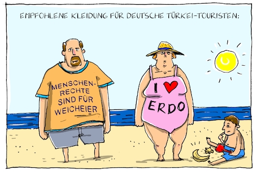 Cartoon: deutsche türkeitouristen (medium) by leopold maurer tagged deutschland,türkei,beziehung,krise,reisewarnung,touristen,bekleidung,huldigung,sicherheit,willkür,menschenrechte,verherrlichung,erdogan,deutschland,türkei,beziehung,krise,reisewarnung,touristen,bekleidung,huldigung,sicherheit,willkür,menschenrechte,verherrlichung,erdogan