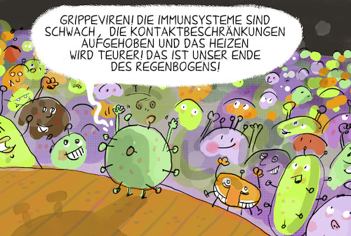 Cartoon: Die Rückkehr der Grippeviren (medium) by leopold maurer tagged grippe,viren,immunsystem,grippesaison,impfung,schwach,energiekosten,heizen,heizung,kontaktbeschraenkungen,verkuehlung,schnupfen,husten,corona,grippe,viren,immunsystem,grippesaison,impfung,schwach,energiekosten,heizen,heizung,kontaktbeschraenkungen,verkuehlung,schnupfen,husten,corona