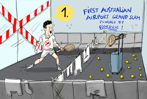 Cartoon: Djokovic (medium) by leopold maurer tagged tennisprofi,australian,open,turnier,grand,slam,einreise,verbor,ausreisepflicht,ungeimpft,quarantäne,ausnahme,sport,sportler,impfskeptiker,flughafen,cartoon,karikatur,leopold,maurer,tennisprofi,australian,open,turnier,grand,slam,einreise,verbor,ausreisepflicht,ungeimpft,quarantäne,ausnahme,sport,sportler,impfskeptiker,flughafen,cartoon,karikatur,leopold,maurer