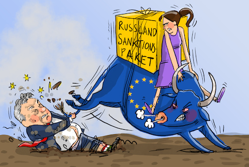 Cartoon: EU Sanktionspaket (medium) by leopold maurer tagged eu,russland,sanktionen,ungarn,orban,querstellen,veto,beschluss,minister,paket,putin,krieg,flotte,gas,öl,stier,europa,leopold,maurer,cartoon,karikatur,eu,russland,sanktionen,ungarn,orban,querstellen,veto,beschluss,minister,paket,putin,krieg,flotte,gas,öl,stier,europa,leopold,maurer,cartoon,karikatur