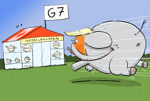 Cartoon: G7 Treffen in Kanada (medium) by leopold maurer tagged g7,trump,kanada,treffen,staatschefs,krisen,krieg,israel,iran,nahost,energie,transatlantik,zölle,wirtschaft,elefant,porzellanladen,ukraine,russland,leopold,maurer,karikatur,cartoon,g7,trump,kanada,treffen,staatschefs,krisen,krieg,israel,iran,nahost,energie,transatlantik,zölle,wirtschaft,elefant,porzellanladen,ukraine,russland,leopold,maurer,karikatur,cartoon