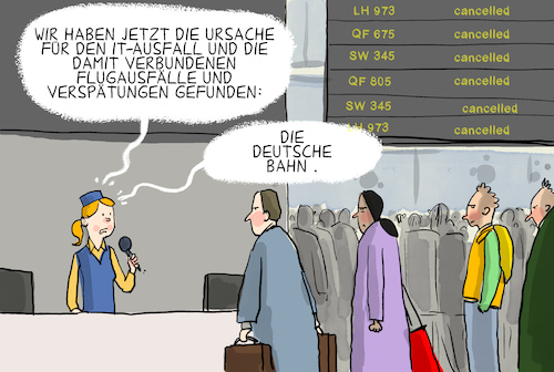 Cartoon: IT-Ausfall bei der Lufthansa (medium) by leopold maurer tagged lufthansa,flughafen,it,ausfall,bauarbeiten,bahnstrecke,glasfaserkabel,passagiere,flug,verspätung,panne,deutsche,bahn,leopold,maurer,karikatur,cartoon,lufthansa,flughafen,it,ausfall,bauarbeiten,bahnstrecke,glasfaserkabel,passagiere,flug,verspätung,panne,deutsche,bahn,leopold,maurer,karikatur,cartoon