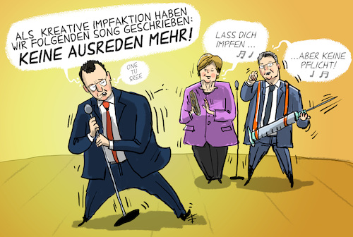 Cartoon: Kreative Impfaktion (medium) by leopold maurer tagged impfung,corona,covid,pandemie,spahn,kreativ,merkel,wieler,rki,inzidenz,delta,virus,impfaktion,song,impfpflicht,impfung,corona,covid,pandemie,spahn,kreativ,merkel,wieler,rki,inzidenz,delta,virus,impfaktion,song,impfpflicht