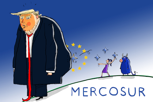 Cartoon: Mercosur (medium) by leopold maurer tagged handelsabkommen,südamerika,eu,europa,vertrag,parlament,abstimmung,landwirtschaft,freihandelsabkommen,argentinien,brasilien,paraguay,uruguay,zustimmung,mehrheit,trump,usa,leopold,maurer,cartoon,karikatur,handelsabkommen,südamerika,eu,europa,vertrag,parlament,abstimmung,landwirtschaft,freihandelsabkommen,argentinien,brasilien,paraguay,uruguay,zustimmung,mehrheit,trump,usa,leopold,maurer,cartoon,karikatur