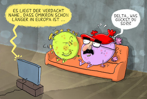 Cartoon: Omikron schon länger in Europa (medium) by leopold maurer tagged omikron,virus,mutation,europa,südafrika,unentdeckt,sequenzierung,pandemie,corona,sars,cov,covid,impfung,verkleidung,omikron,virus,mutation,europa,südafrika,unentdeckt,sequenzierung,pandemie,corona,sars,cov,covid,impfung,verkleidung